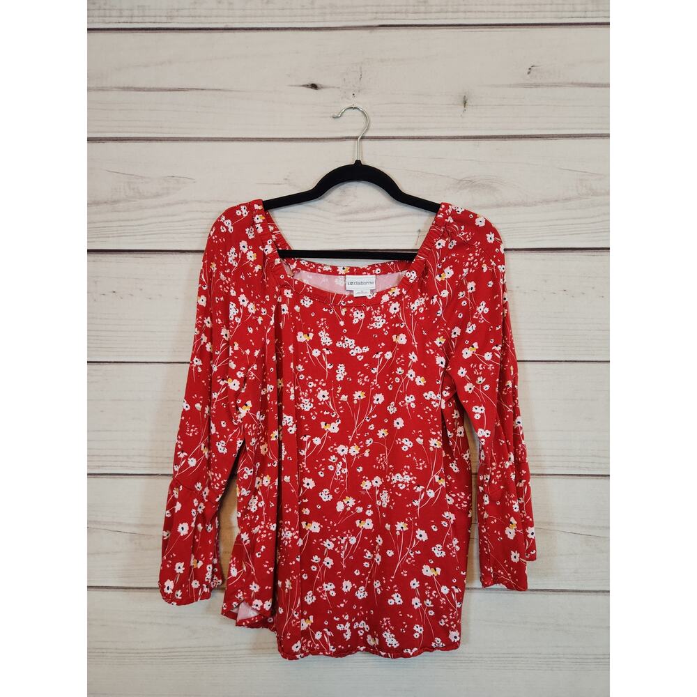 Liz Claiborne Women's Red White Floral Bell Sleeve Square Neck Blouse Size Small - Picture 1 of 5